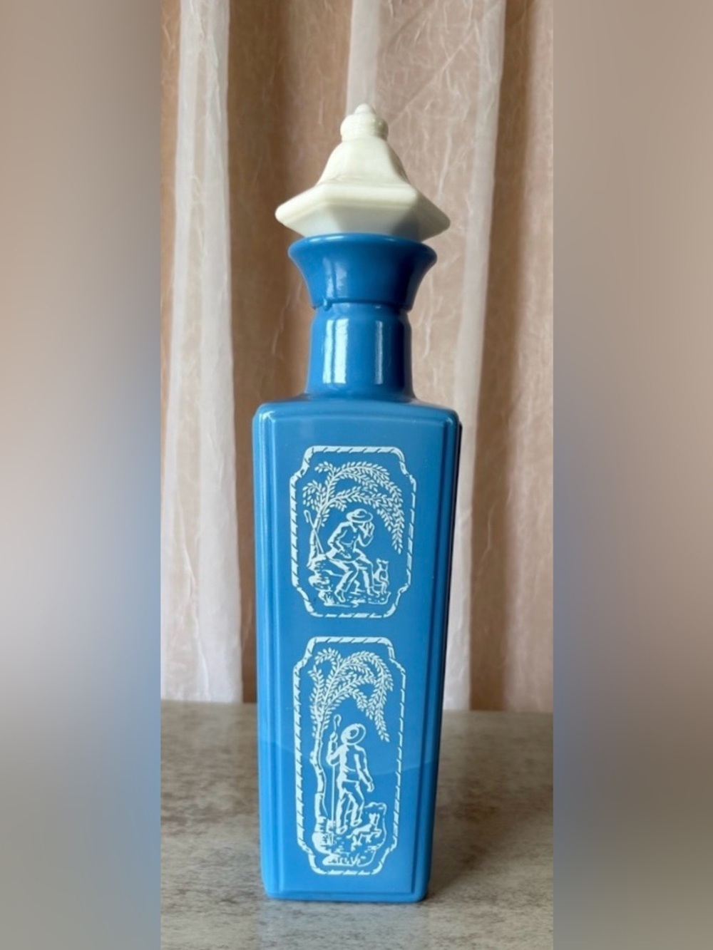Jim Beam Vintage 1965 Blue Glass Whiskey Bottle-Blue Glass with White Details